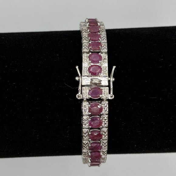 Sterling Silver Oval Ruby Tennis Bracelet 9" Length - Picture 2 of 8